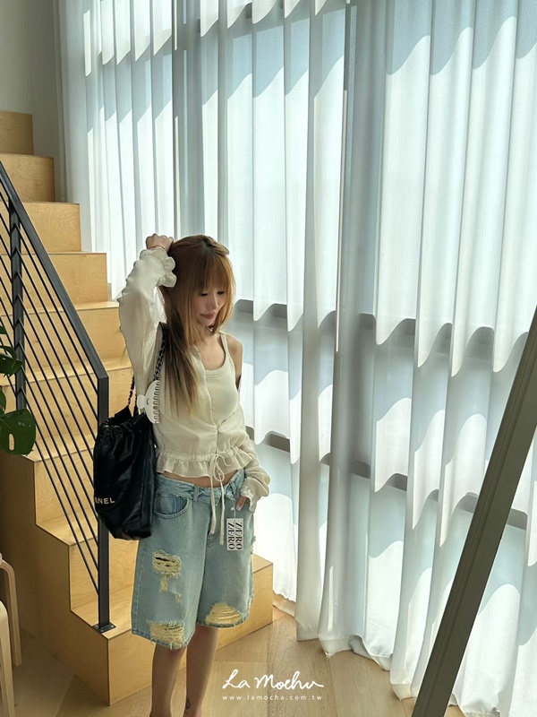 反摺牛仔割破五分褲